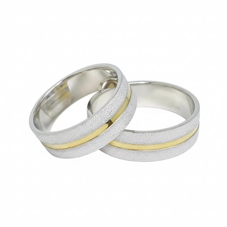 Aliança de Namoro Prata com Filetes de Ouro Central 5mm Diamantada - LSR Joias - Joalheria Artesanal Mineira