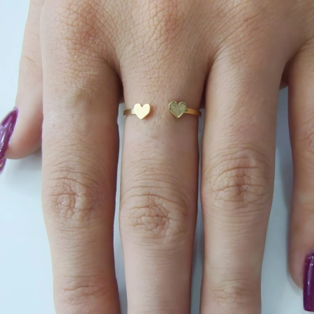 Anel de Ouro 18k Aro Aberto com 2 Corações - Anel de Ouro 18k Exclusivo LSR Joias - Joalheria Artesanal