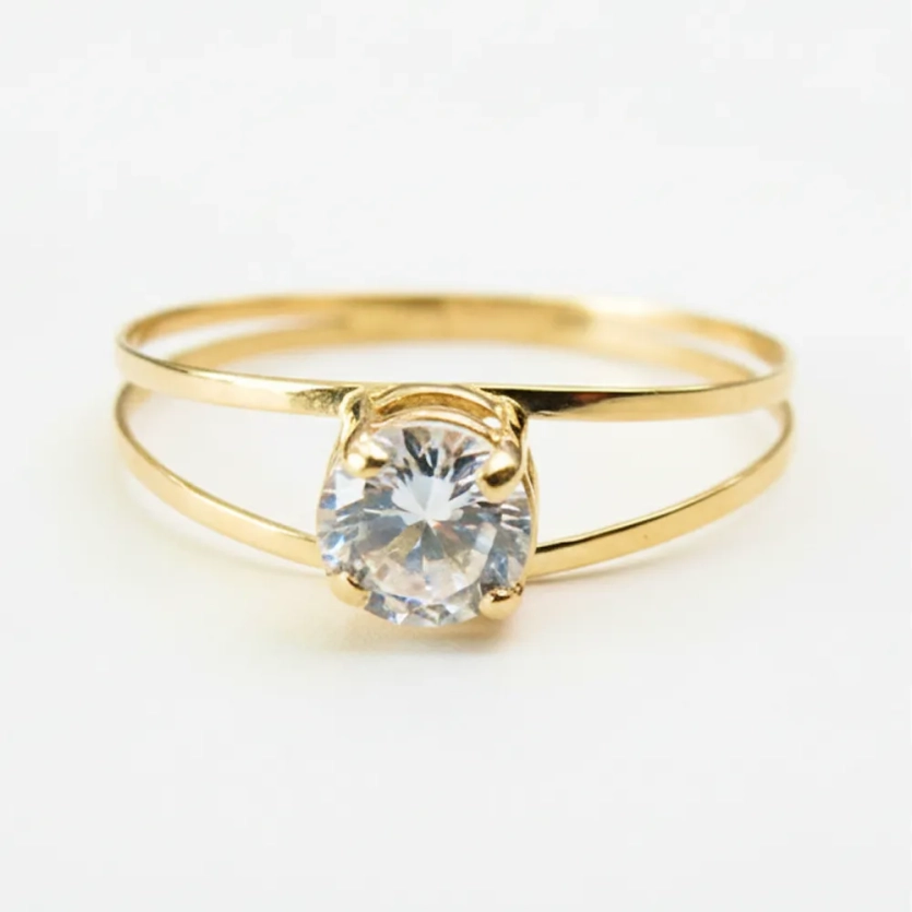 Anel Solitário de Ouro 18k Aro Duplo com Zircônia