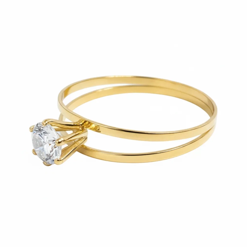 Anel Solitário de Ouro 18k Aro Duplo com Zircônia