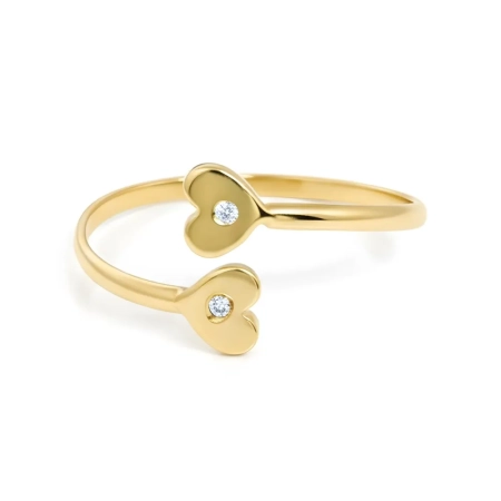 Anel de Ouro 18k Falange com 2 Corações e Zircônias - Anel Feminina de Ouro 18k com design artesanal